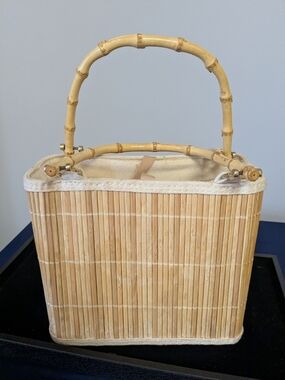 Vintage Bamboo Slat Top Handle Handbag Summer Boho Basket Bag Wood Slat Tote